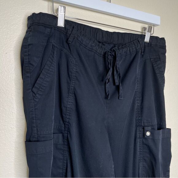 Black Scrub Uniform Cargo Pant Utility Split Hem Elastic Drawstring Women XL - Picture 2 of 15